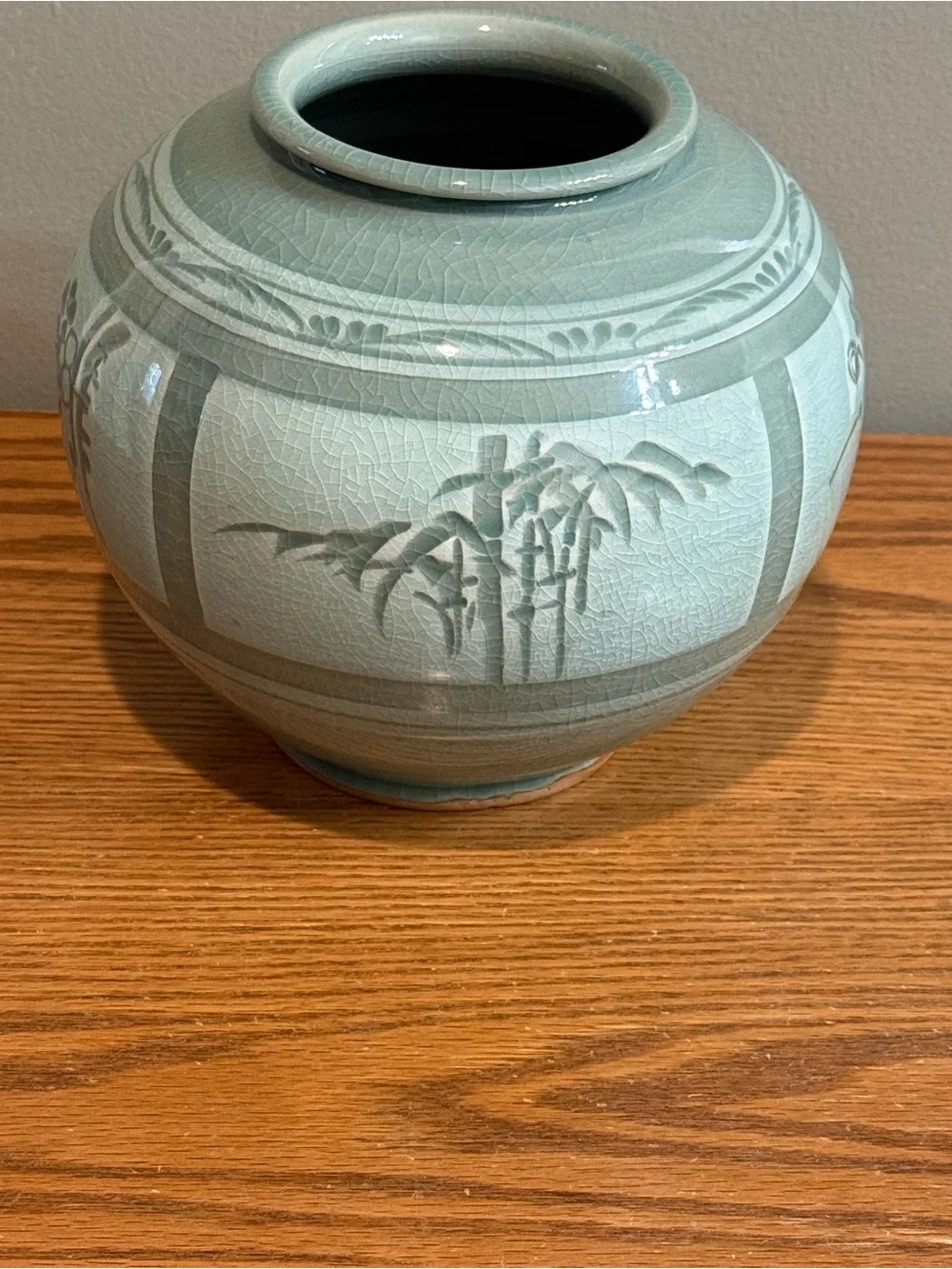 Korean Celadon Vase Green Floral Bamboo Design 7 inch tall x 22 inch Approx Dia